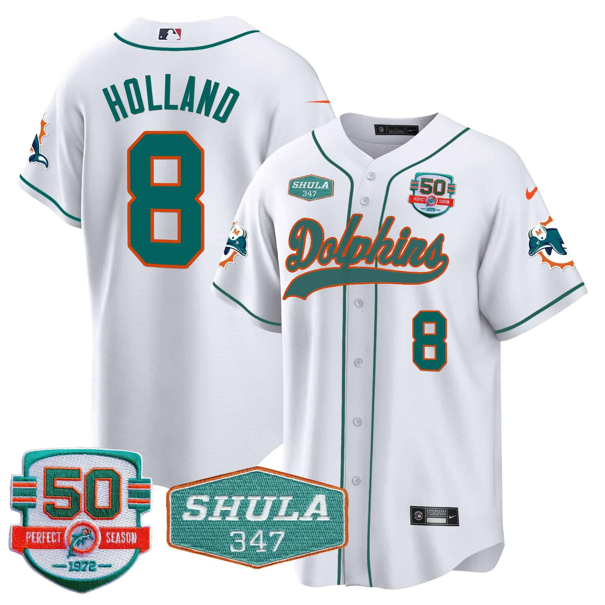 Men Miami Dolphins #8 Holland White 2024 Nike 50th Don Shula Memorial Patch Baseball NFL Jersey